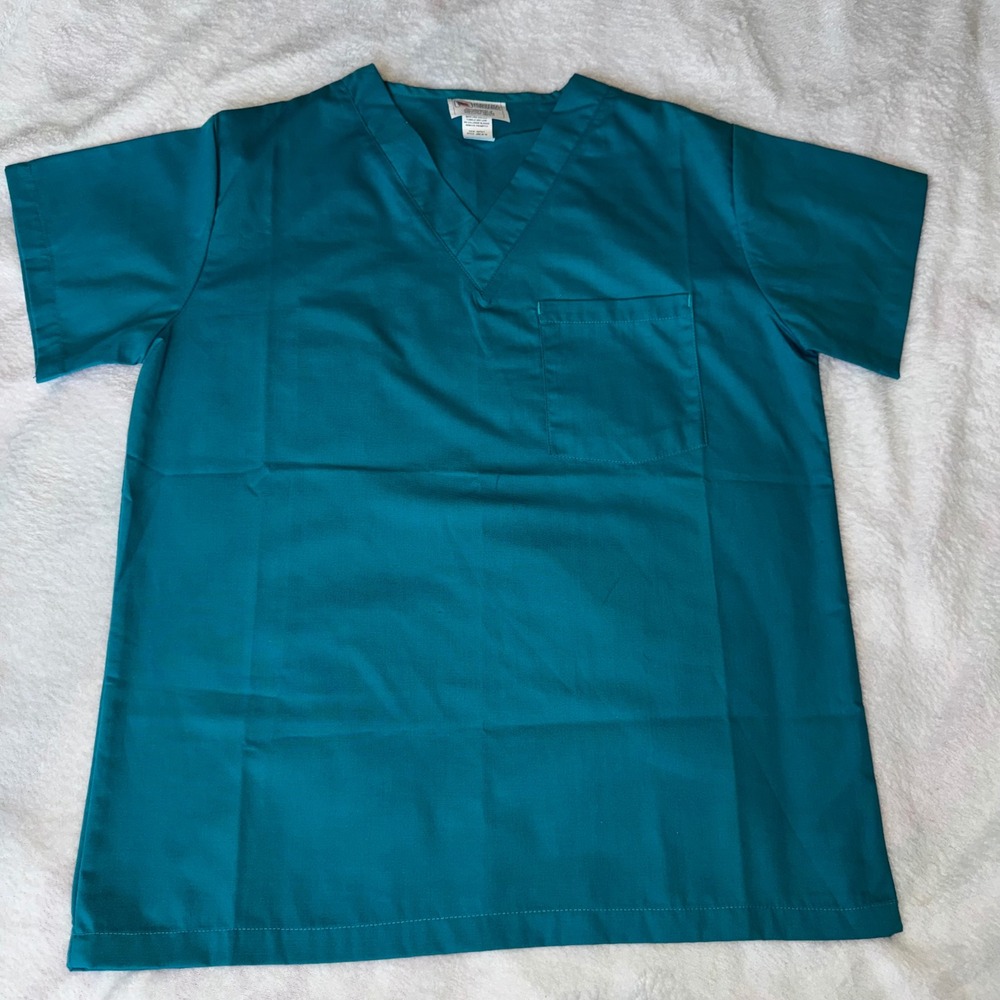 Flagstaff Industries Teal Blue V-Neck Medical Scrub Top XS Chest Pocket Unisex